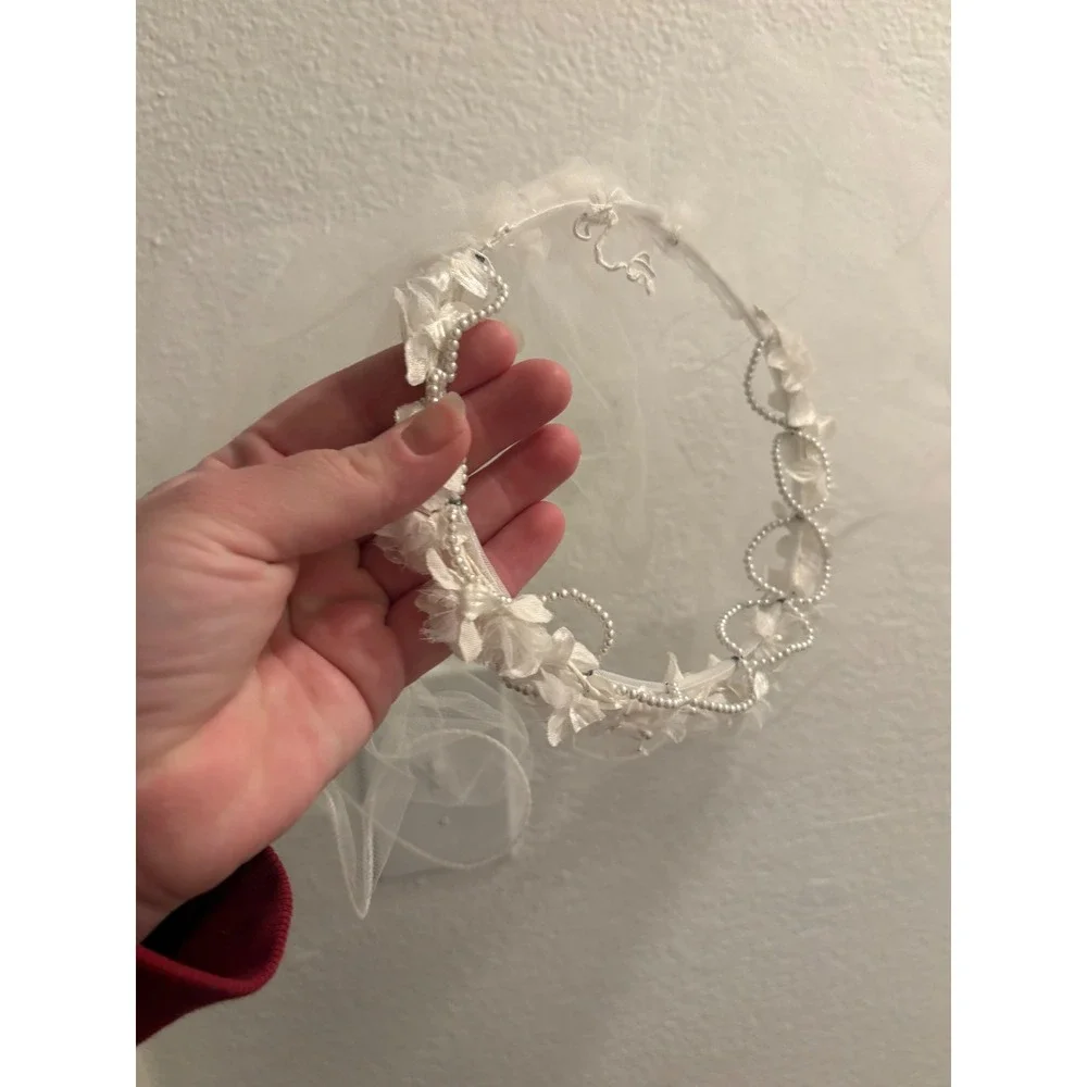 White Floral Crown Veil Faux Pearl Headband First Communion Wedding Flower Girl